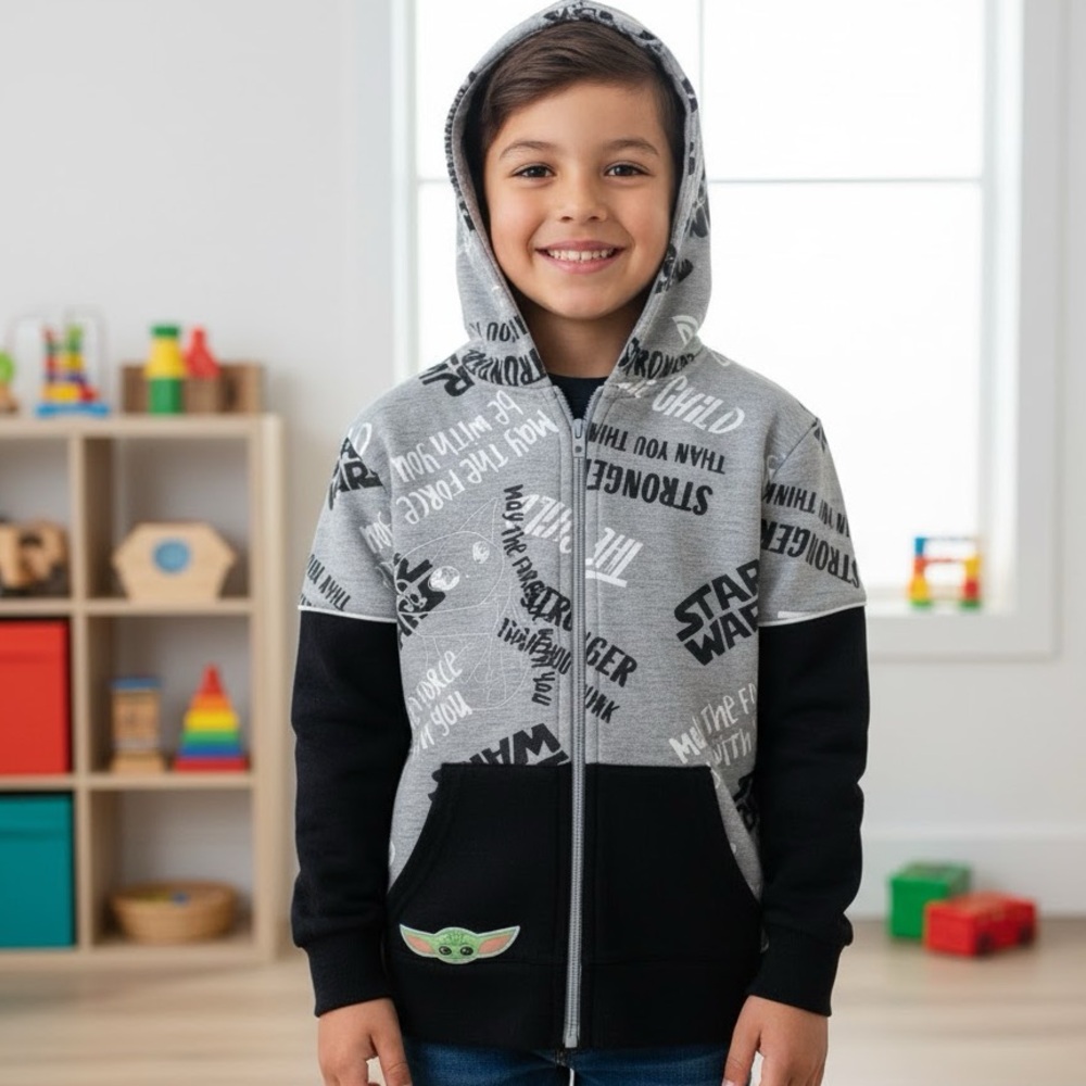 ✨ Star Wars Kids Gray & Black Baby Yoda Grogu Mandalorian Hooded Zipper Jacket 6